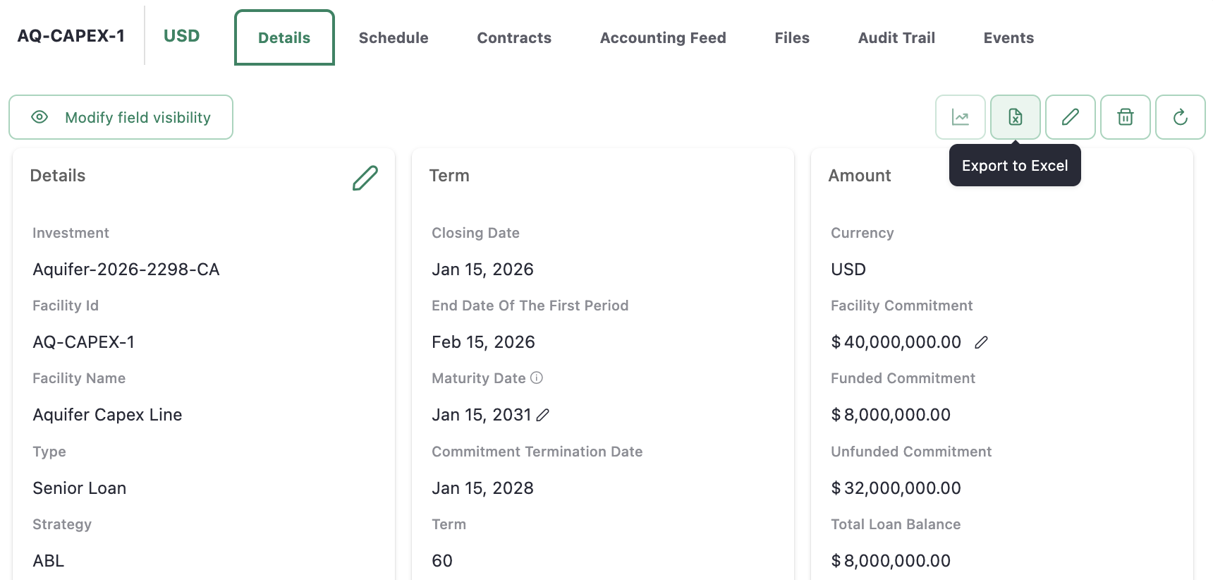 The Facility Details page with the Export to Excel button highlighted in the toolbar.