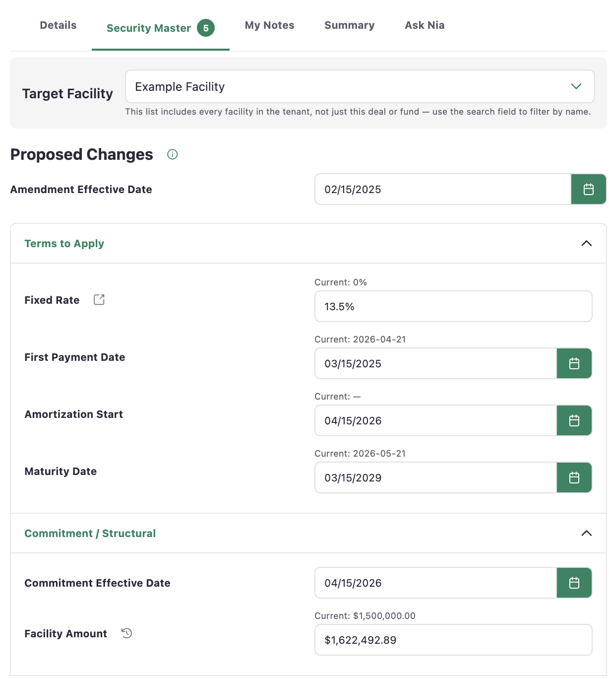 The document processing sidebar showing an amendment classified as an Amendment document type, with extracted before-and-after parameter changes listed for review.