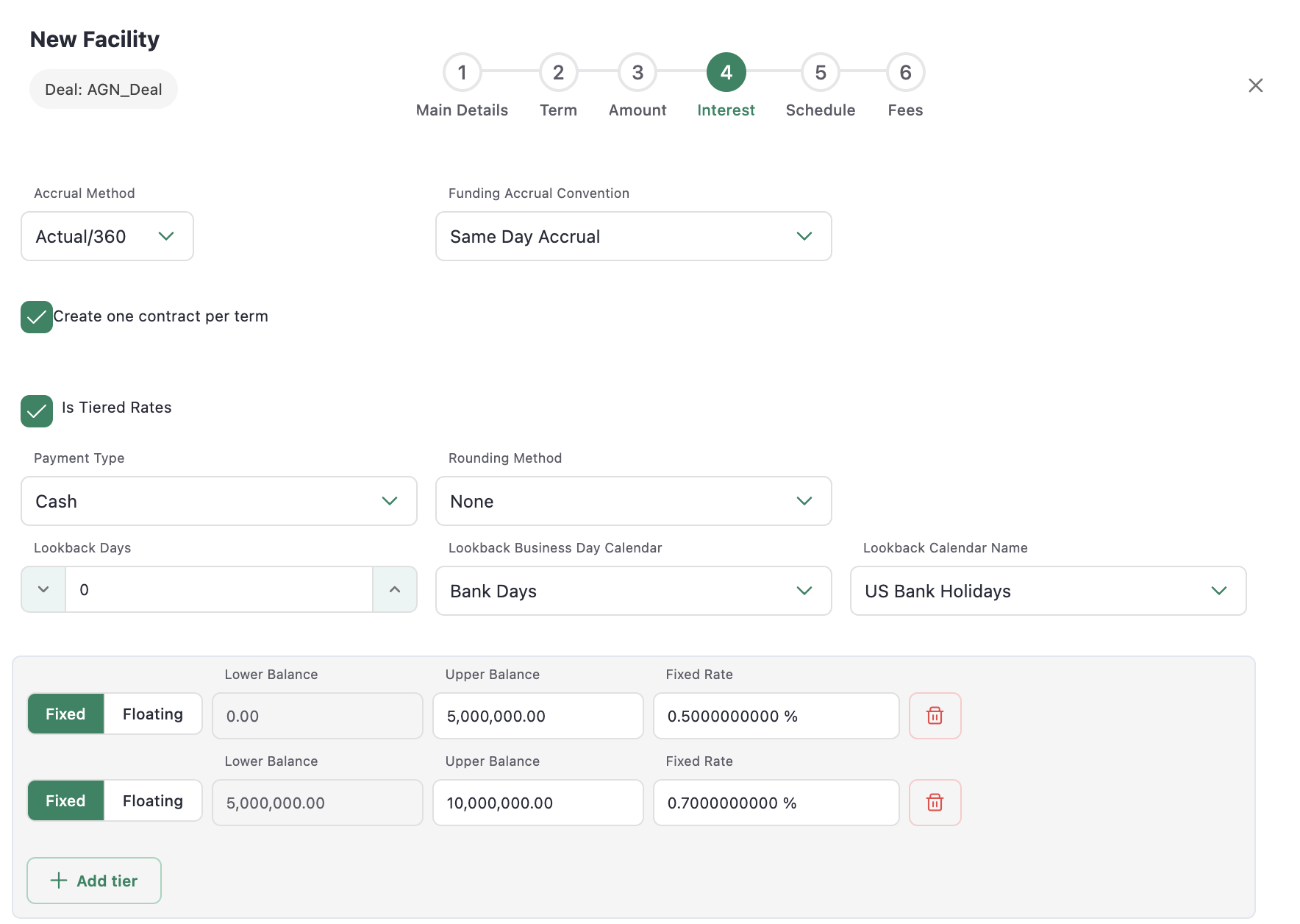 The Interest step of the facility wizard showing two balance tiers, each with its own rate type, index, spread, floor, and cap configuration.
