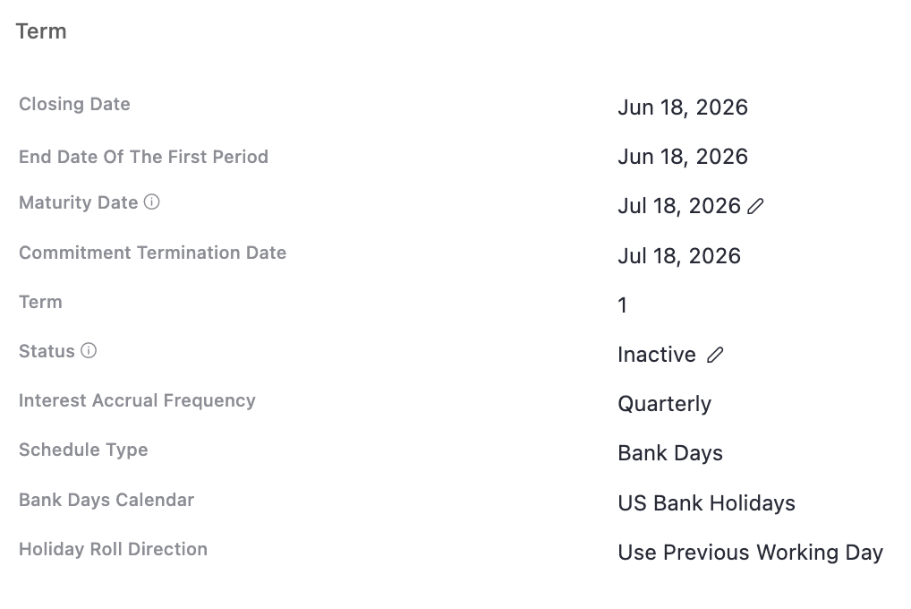 The Facility Details tab showing Bank Days Calendar (US Bank Holidays), Holiday Roll Direction, and Lookback Days configuration in the rate section.