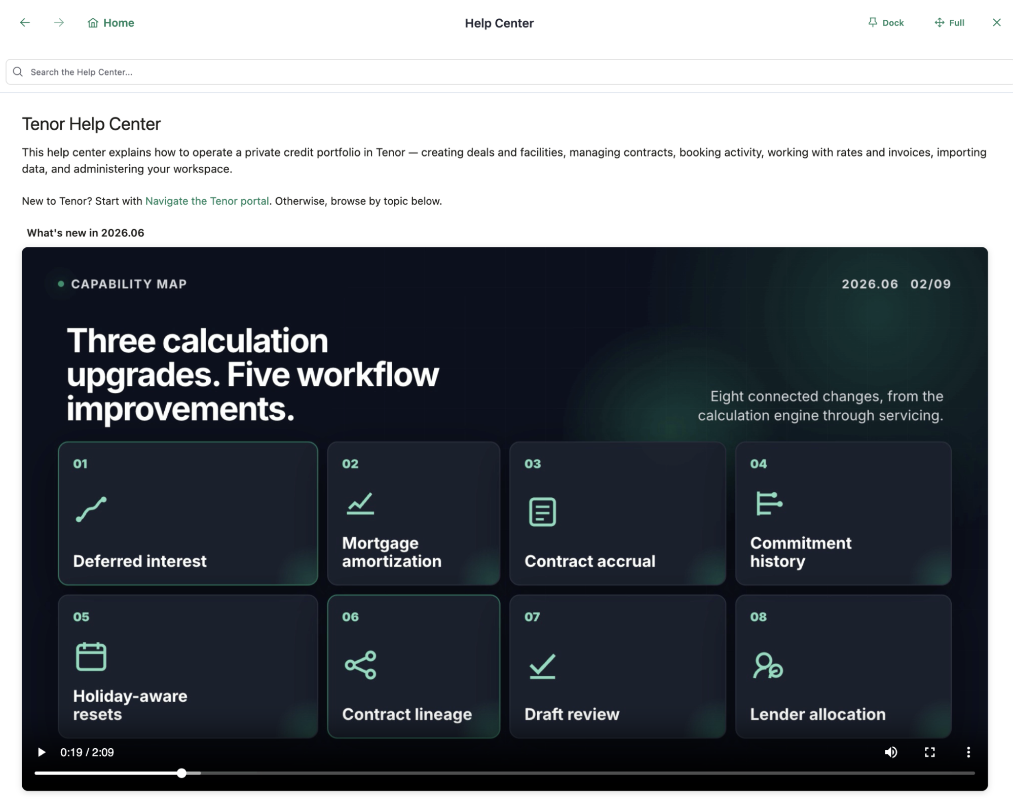 The Tenor in-app help center panel open alongside the main application, showing a card-grid landing page with article categories.