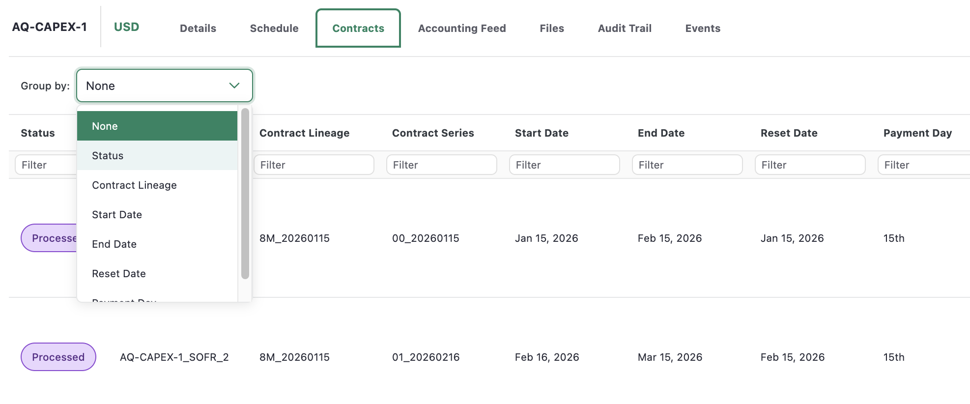 The Contracts tab toolbar showing the Group by dropdown open, with options for Status, Lineage, Series, and other column attributes.